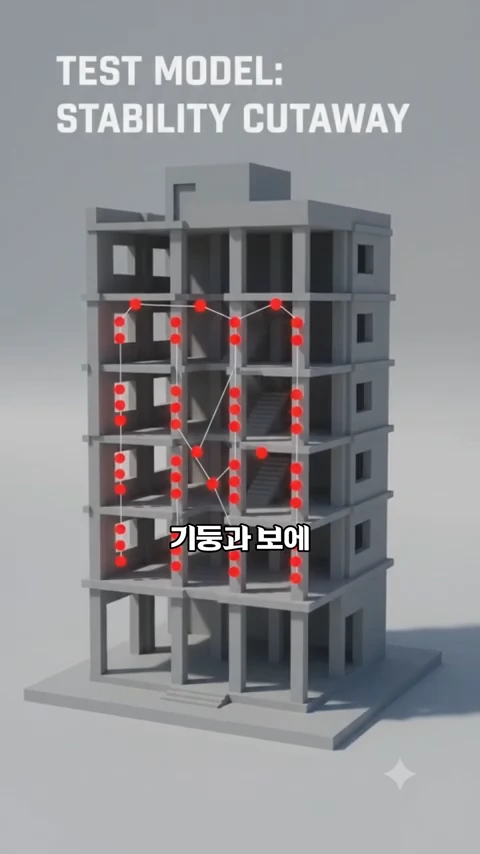 건물 구조를 나타내는 3D 테스트 모델 그래픽으로, 기둥과 보의 주요 지점이 붉은 점과 선으로 연결되어 표시되어 있습니다.