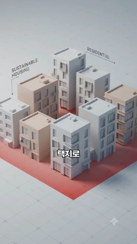 도시의 주거 단지를 묘사한 3D 그래픽으로 하얀색 건물 모형들이 배치되어 있고, 'SUSTAINABLE HOUSING'과 'RESIDENTIAL'이라는 영어 문구가 적혀 있으며 화면 중앙 하단에 '택지로'라는 한글 자막이 떠 있습니다.