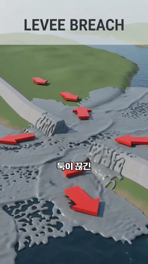 3D 그래픽으로 구현된 제방 붕괴 시뮬레이션 화면으로 물이 둑을 넘어 범람하는 모습과 이동 방향을 나타내는 빨간 화살표가 표시되어 있습니다.