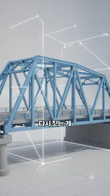 하늘색 트러스교의 구조를 나타내는 3D 그래픽 모델 위로 흰색 연결선들이 그물망처럼 덮여 있는 모습입니다.