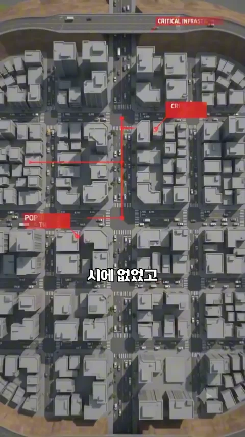 도시의 격자형 도로망과 건물들을 위에서 내려다본 3D 그래픽 모델로, 곳곳에 'CRITICAL INFRASTRUCTURE'와 'POPULATION'이라는 텍스트가 적힌 붉은색 표시선이 나타나 있습니다.