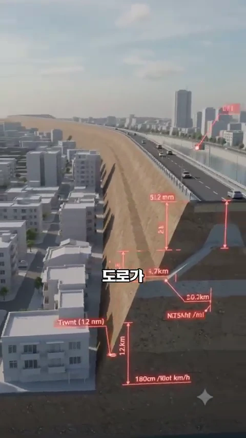 한강변 제방 위에 놓인 도로를 단면으로 보여주는 3D 그래픽 영상으로, 주거지와 도로, 강 사이의 높이 차이와 치수 정보가 붉은색 선과 숫자로 표시되어 있음.