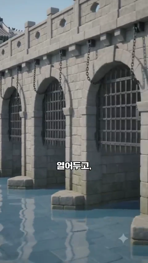 석조 성벽 하단에 쇠창살이 달린 무지개 모양의 수문들이 연속으로 설치되어 있고, 그 아래로 물이 흐르는 모습이다.