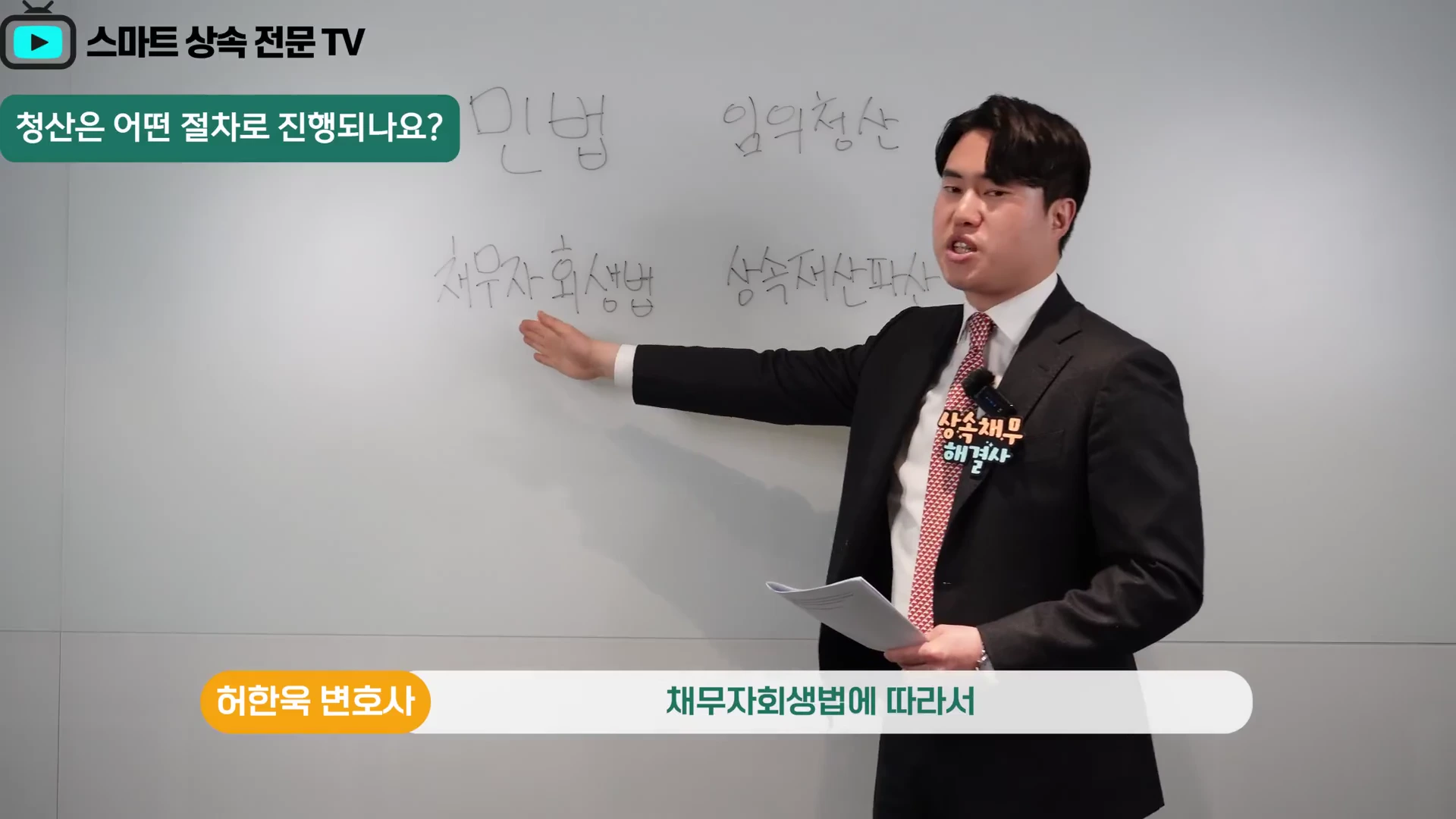 정장을 입은 남성 변호사가 화이트보드에 '민법 임의청산', '채무자회생법 상속재산파산'이라고 적힌 글씨를 손으로 가리키며 설명하고 있다.