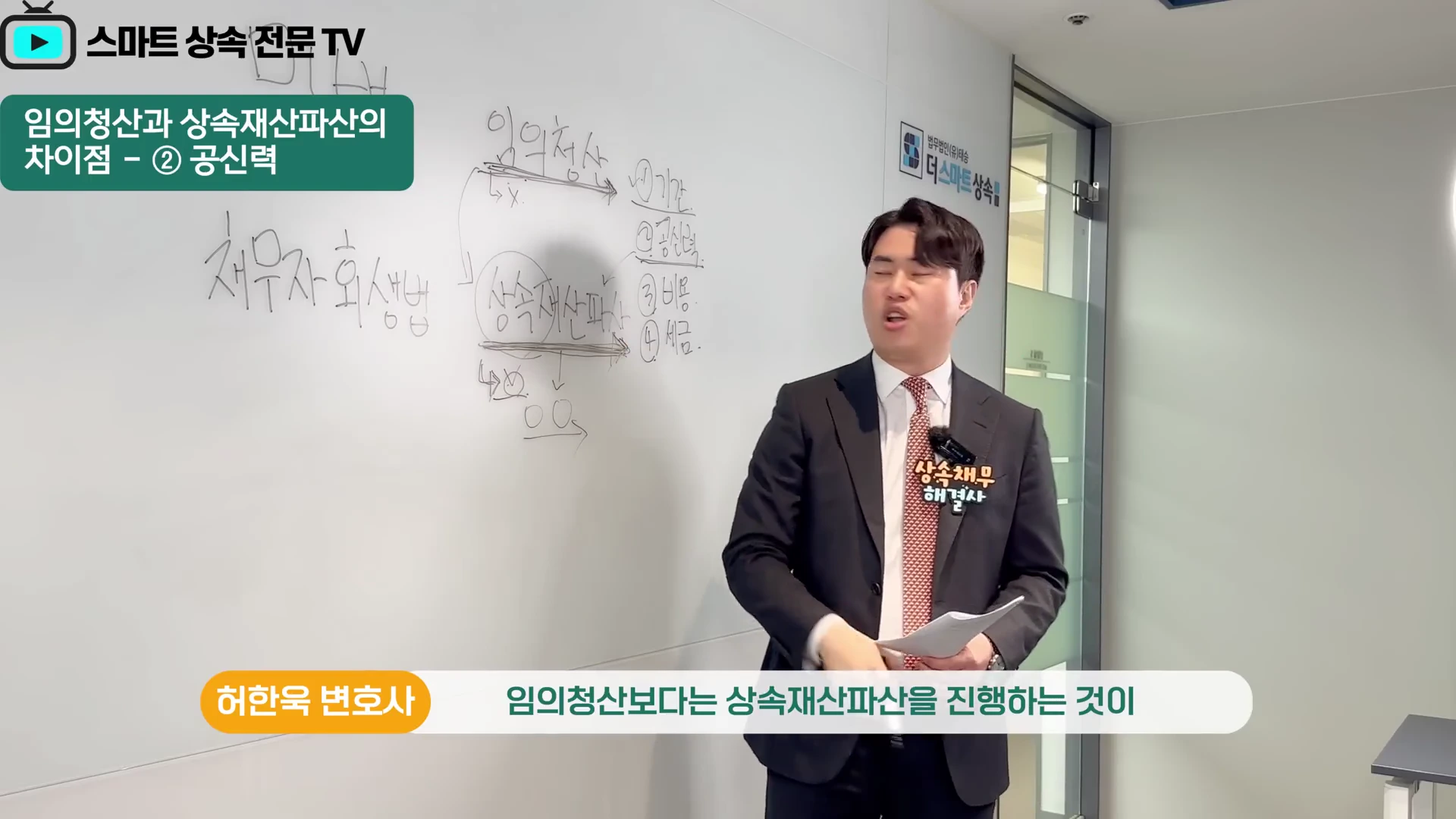 정장을 입은 변호사가 화이트보드 앞에 서서 손에 문서를 들고 강의하는 모습의 영상 캡처 화면. 보드에는 '임의청산'과 '상속재산파산'의 차이점을 설명하는 도표와 글자가 적혀 있다.