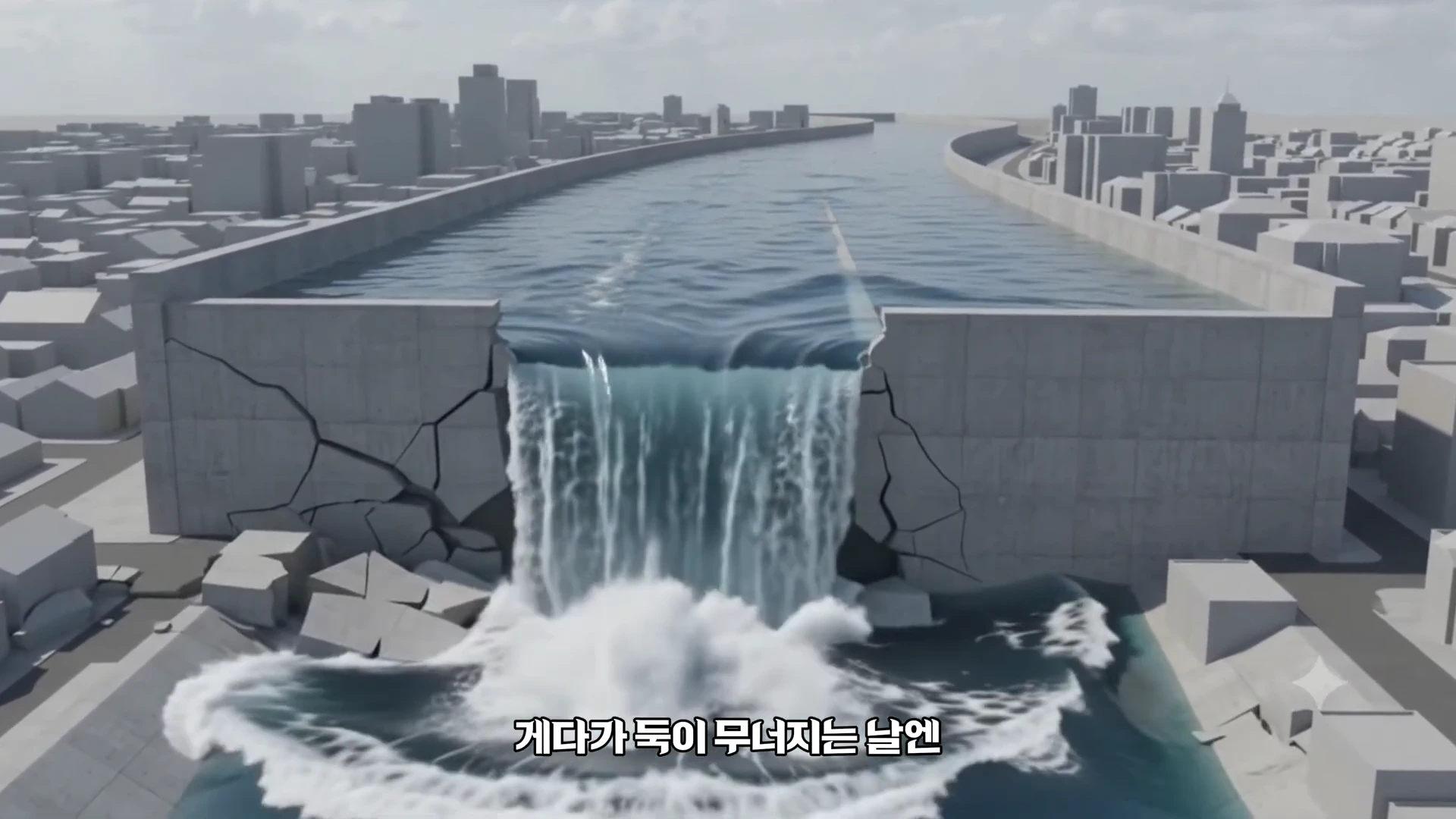 3D 그래픽으로 구현된 도시 강변에서 높은 콘크리트 제방이 무너져 물이 시가지로 쏟아져 들어오는 모습