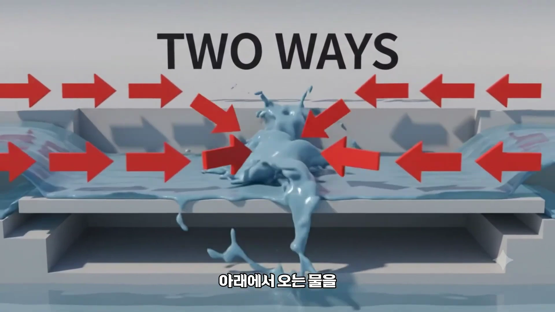 TWO WAYS라는 영문 제목 아래에서 양옆으로 흐르는 푸른색 액체가 가운데에서 만나 튀어 오르는 모습을 보여주는 3D 그래픽 영상