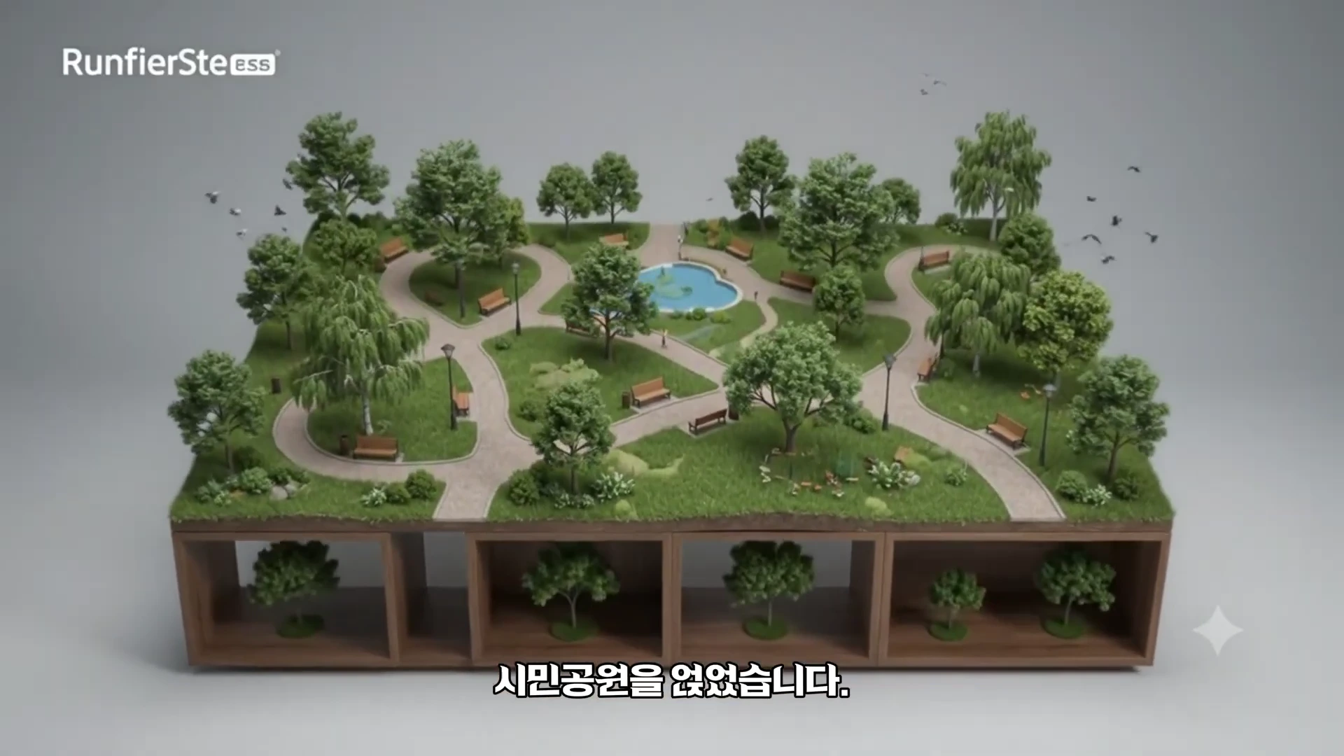 공원 지면과 그 아래 토양 단면이 정교하게 구현된 3D 디오라마 모델로, 지상에는 나무와 산책로, 벤치 등이 있고 지하에는 토양층과 나무뿌리가 보이는 구조입니다.