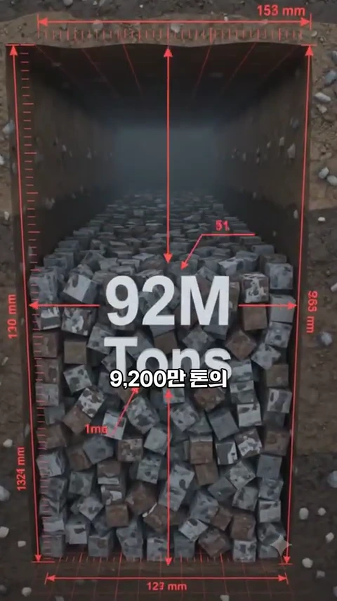 9,200만 톤의 쓰레기가 담긴 직사각형 단면을 보여주는 공학적 도식화 그래픽.