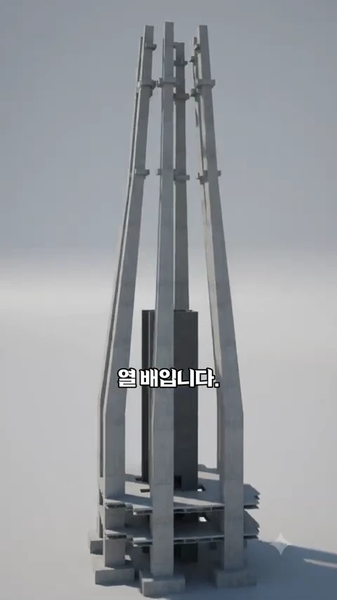건물 중앙의 콘크리트 코어 기둥과 주변을 감싸는 여러 개의 수직 거대 기둥으로 구성된 초고층 건물의 뼈대 구조를 보여주는 3D 그래픽 모델입니다.