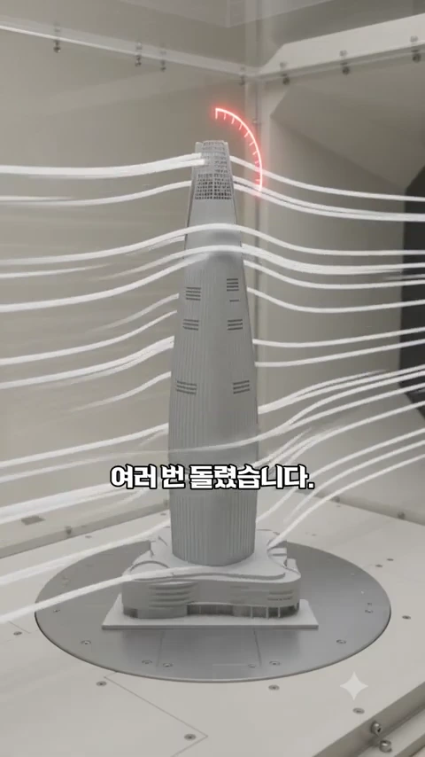 초고층 빌딩 모형이 풍동 실험 장치 안에서 회전하며 바람의 흐름을 보여주는 그래픽 장면