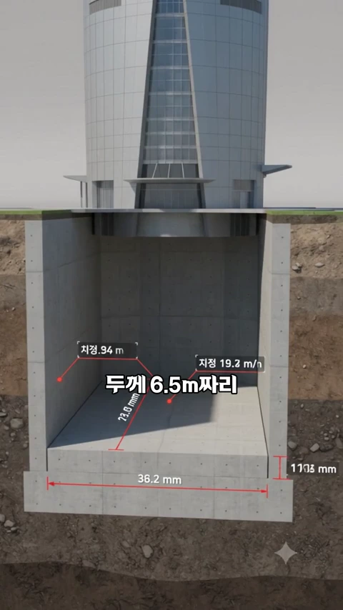 초고층 빌딩의 지하 기초 구조를 단면도로 보여주는 그래픽으로, 거대한 콘크리트 슬래브와 지반의 치수가 수치로 표기되어 있습니다.