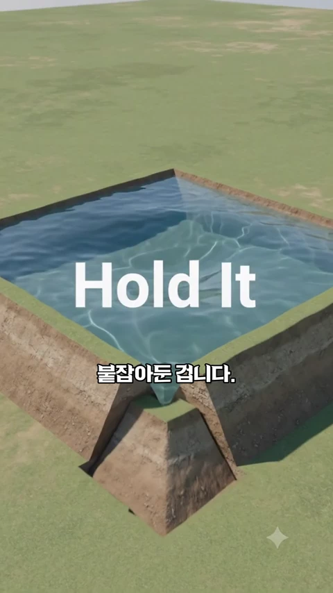 평지 위에 흙둑을 쌓아 물을 가둬놓은 사각형 인공 저수지의 단면을 보여주는 3D 그래픽 영상 화면.
