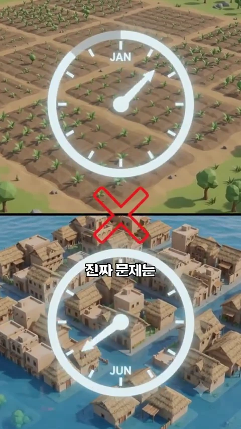3D 애니메이션 그래픽으로 표현된 두 가지 계절 상황. 위쪽은 1월의 건조한 경작지를, 아래쪽은 6월의 침수된 마을 모습을 각각 시계 모양의 아이콘과 함께 보여주며 중앙에 붉은색 X자가 그려져 있다.