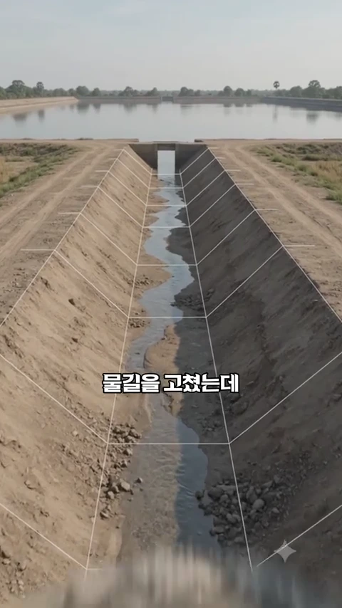 드넓은 호수와 연결된 인공 수로가 흙으로 된 경사면을 따라 뻗어 있고, 화면 중앙에는 '물길을 고쳤는데'라는 한글 자막이 적힌 영상 화면입니다.