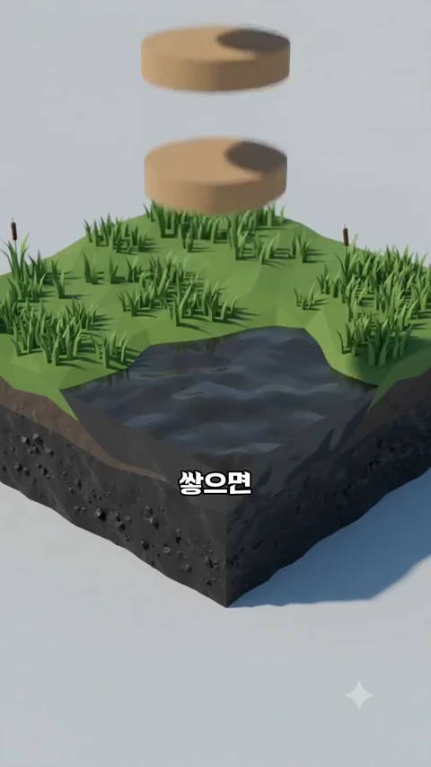 늪지대를 나타내는 낮은 단면 위에 흙덩어리가 위에서 아래로 떨어지는 모습을 표현한 3D 그래픽 영상, 화면 하단에는 '쌓으면'이라는 글자가 적혀 있습니다.