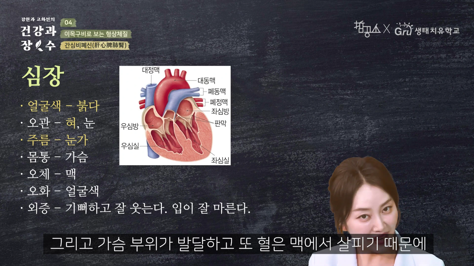 강의 화면에 '심장'이라는 제목과 함께 심장 구조도가 그려져 있고 왼쪽에는 심장과 관련된 신체적 특징이, 하단에는 여성 진행자의 모습이 나타나 있는 영상 캡처 화면입니다.