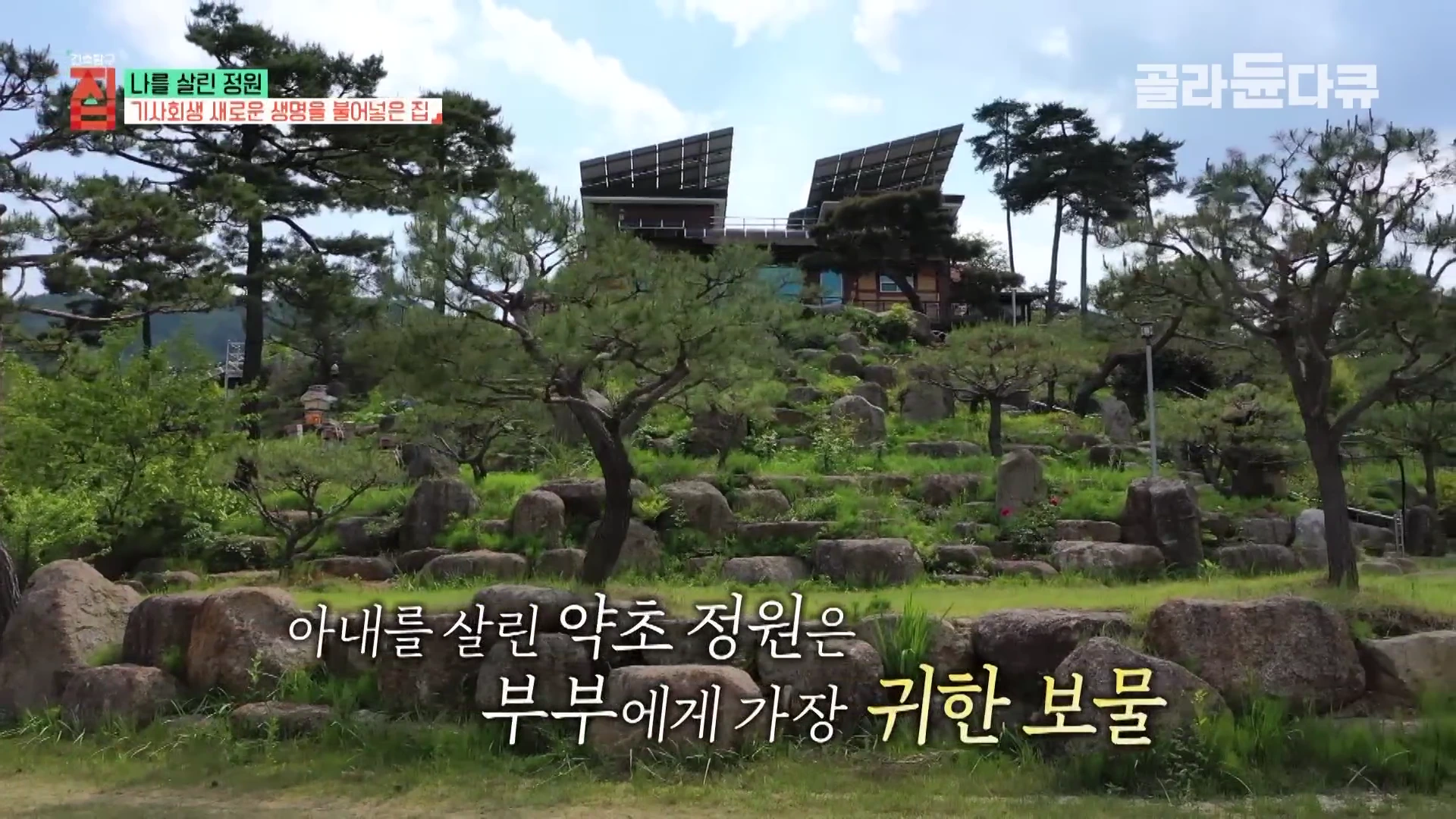 푸른 나무와 큰 바위들이 어우러진 넓은 정원 뒤로 태양광 패널이 설치된 독특한 지붕 모양의 주택이 자리 잡고 있다.