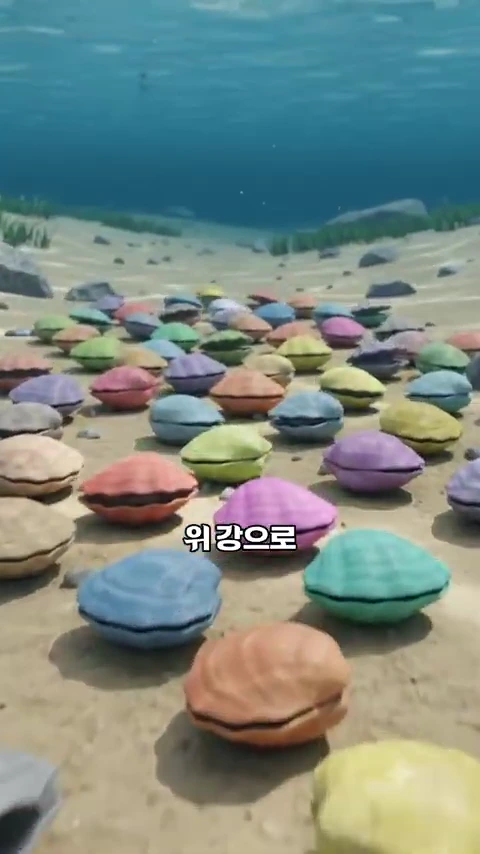 바닷속 모래사장 위에 알록달록한 색깔의 조개들이 가득 놓여 있는 모습이 담긴 그래픽 영상이다.