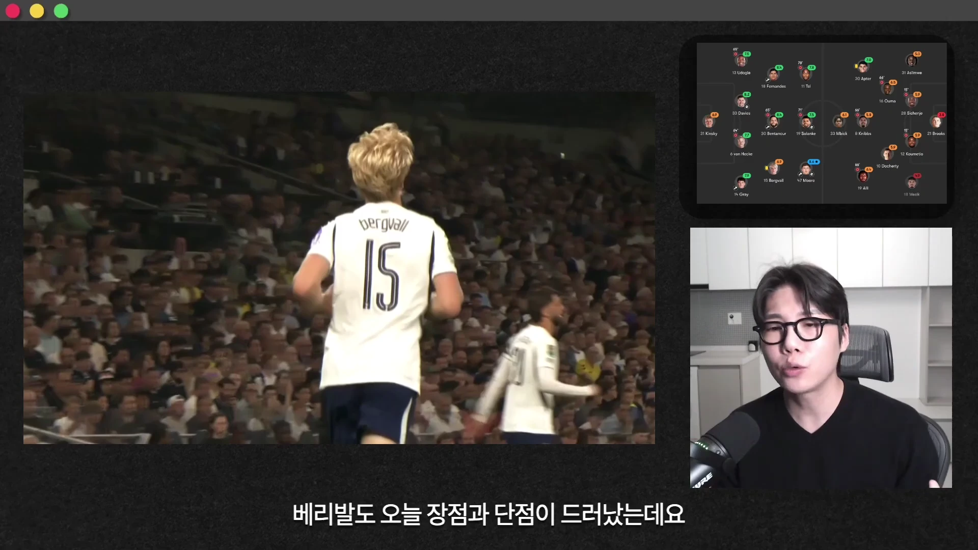 축구 경기 영상 속 15번 유니폼을 입은 선수, 선수 배치가 표시된 전술 화면, 마이크 앞에서 이야기하는 남성의 모습이 담긴 화면 분할 영상.