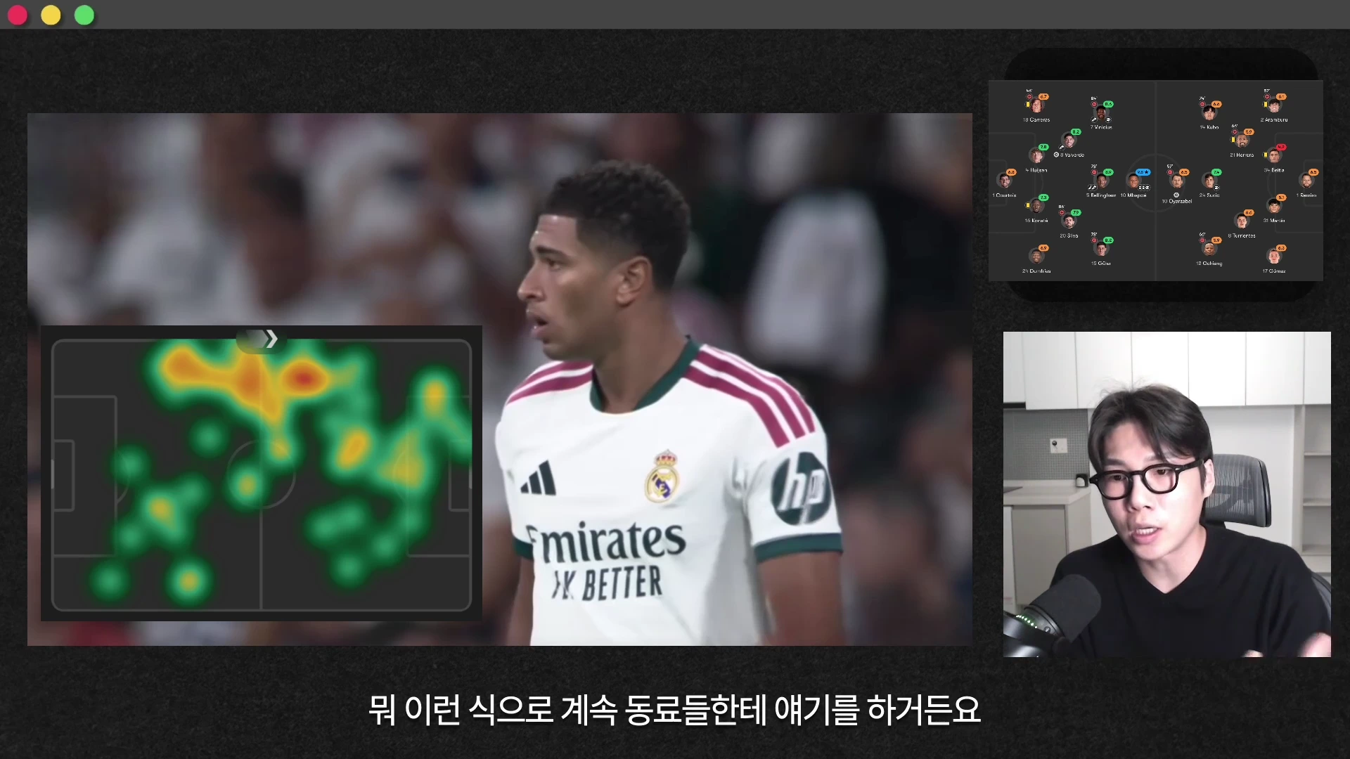 축구 경기 중 경기장 화면의 히트맵과 선수 포메이션 데이터가 표시된 영상 프레임 속에서 안경을 쓴 남성이 마이크를 잡고 설명하고 있다.