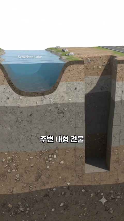 석촌호수의 단면을 보여주는 3D 그래픽으로, 호수 옆 지반 아래에 깊게 파인 대형 건물의 기초 구조가 표현되어 있다.