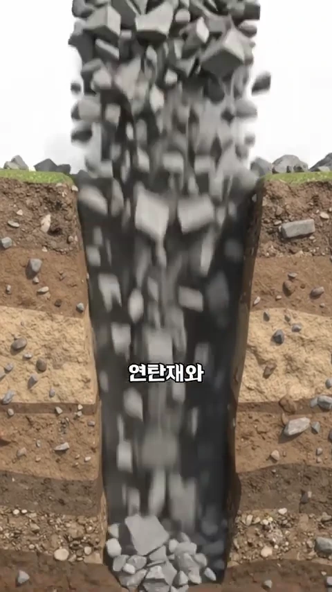 땅속 깊은 구덩이로 회색 돌과 흙이 쏟아져 들어가는 단면을 보여주는 애니메이션 그래픽