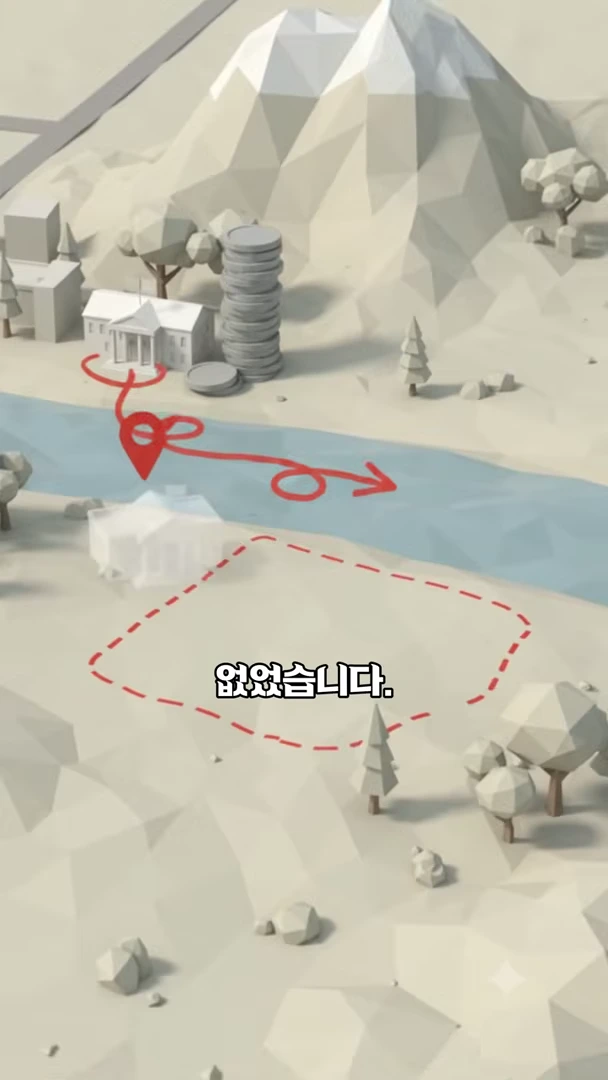 저폴리곤 그래픽으로 표현된 건물과 강, 그리고 그 위에 그려진 빨간색 화살표와 점선이 있는 지도 모양의 그래픽이며, '없었습니다'라는 자막이 중앙에 적혀 있습니다.