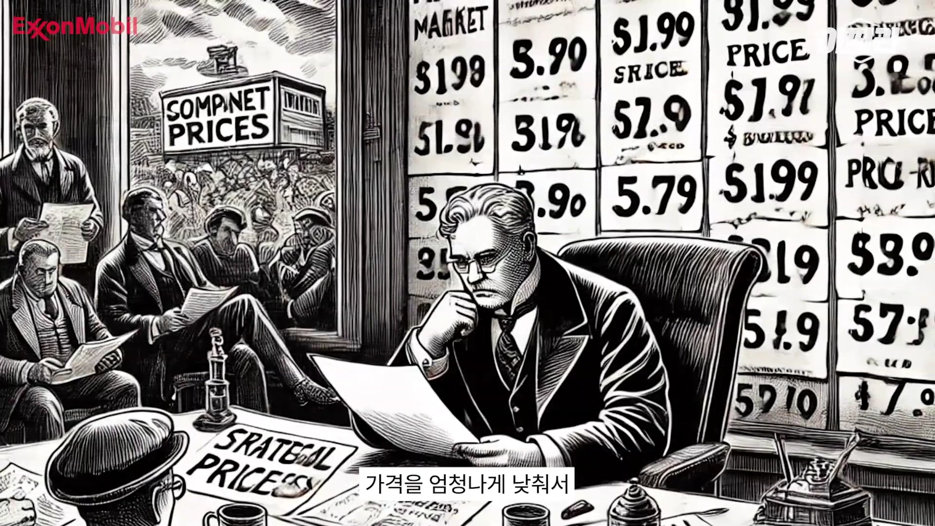 19세기 양복을 입은 남성들이 사무실에 앉아 서류를 검토하고 있는 흑백 삽화 스타일의 그림이며 벽면에는 가격표가 적힌 게시판이 걸려 있습니다.