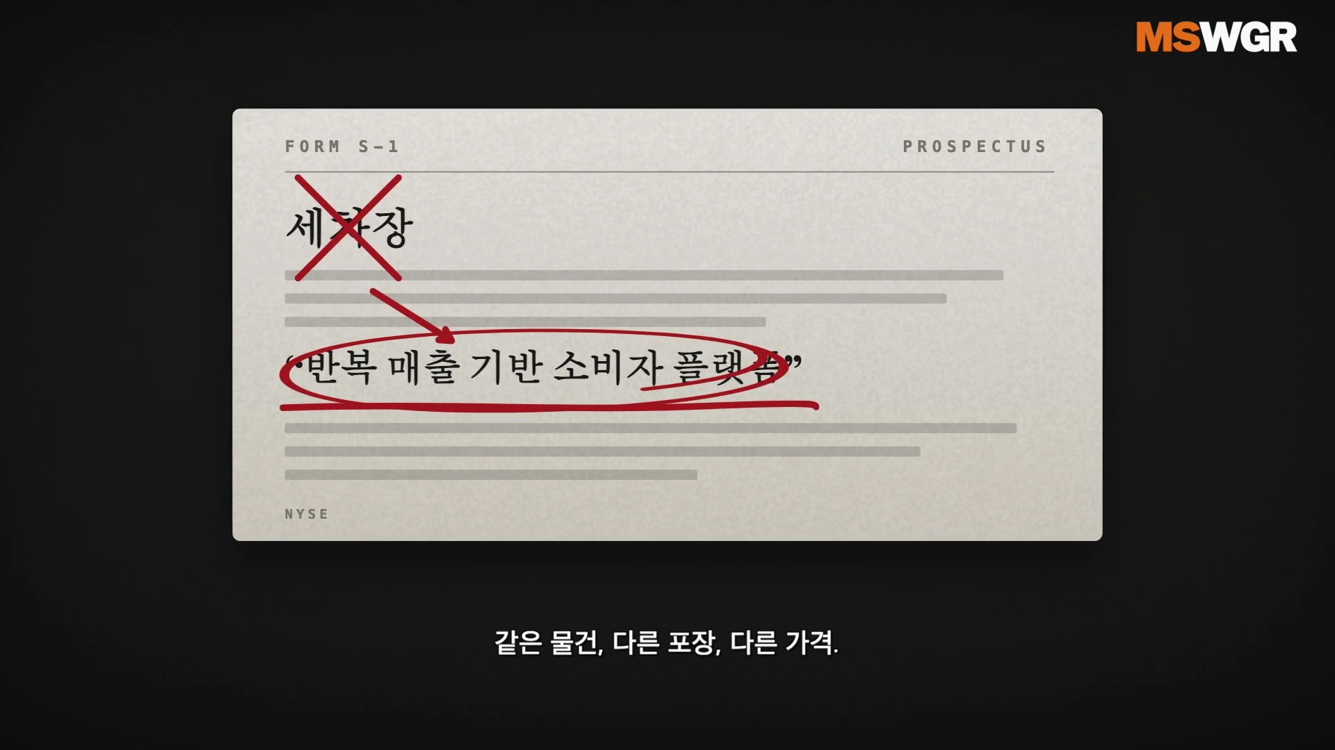 세차장이라는 글자에 빨간색 X 표시가 되어 있고 그 아래 반복 매출 기반 소비자 플랫폼이라는 문구에 빨간색 동그라미가 그려진 투자 설명서 형태의 그래픽 이미지.