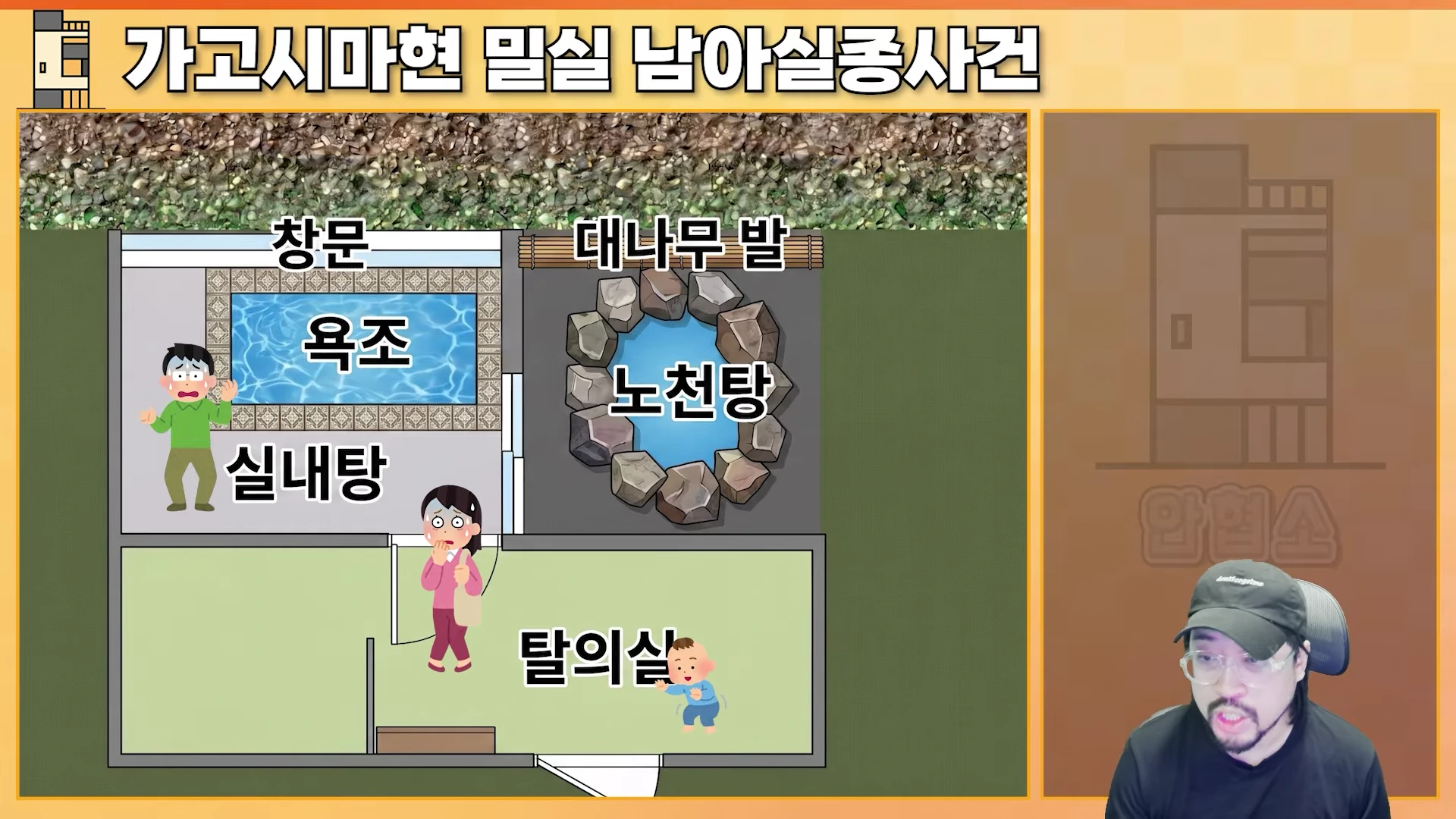 오른쪽 아래에 안경을 쓴 남성이 있고, 왼쪽에는 실내탕과 노천탕, 탈의실이 배치된 온천 시설의 평면도가 그려진 뉴스 그래픽입니다.