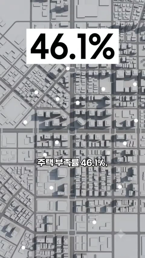 도시의 건물들을 위에서 내려다본 3D 그래픽 지도 위에 주택 부족률 46.1%라는 글자가 크게 표시되어 있습니다.
