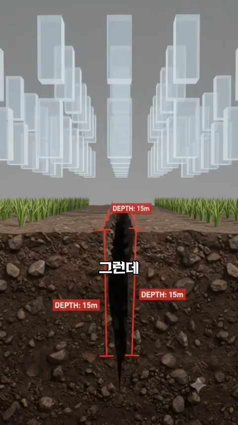 땅 아래 15미터 깊이를 나타내는 수치와 함께 논밭의 단면과 상공에 떠 있는 반투명한 직사각형들이 배치된 3D 그래픽 영상 화면.