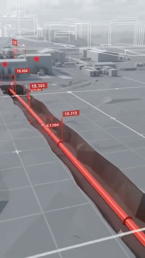 열병합발전소와 땅속에 매설된 붉은색 배관을 시각화한 3D 그래픽으로, 수치 정보가 담긴 빨간색 데이터 박스들이 곳곳에 배치되어 있다.