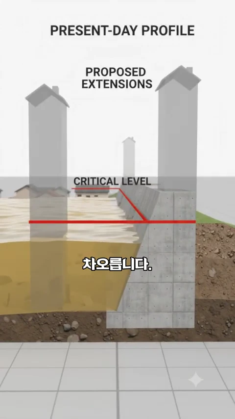 강바닥이 지표면보다 높게 형성된 지상하의 단면을 보여주는 그래픽으로, 강물 옆에 콘크리트 제방이 있고 제방을 계속 높여야 하는 상황을 나타내는 텍스트와 다이어그램이 포함되어 있습니다.