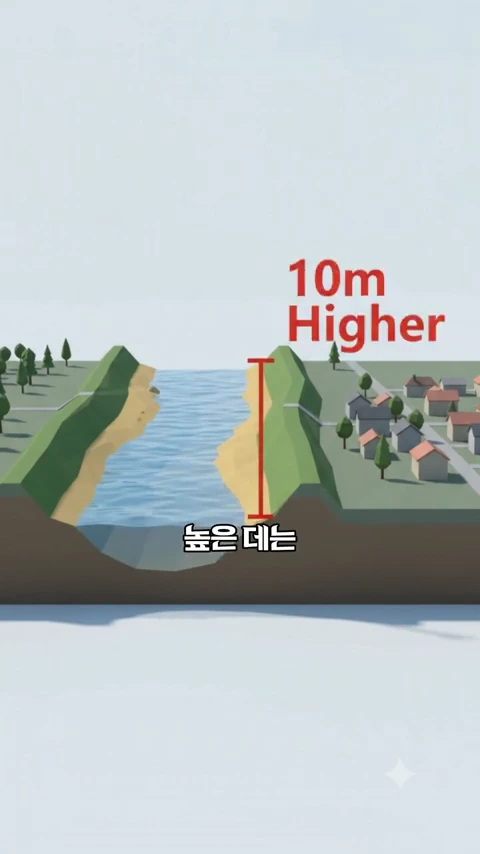 강바닥이 주변 마을보다 10m 높게 솟아 있는 지상하 현상을 보여주는 3D 그래픽 다이어그램.