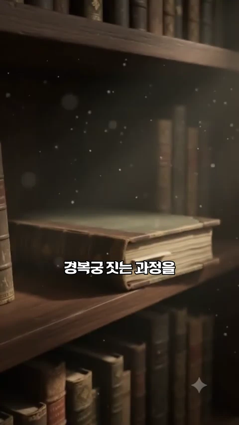 나무 책장에 꽂힌 오래된 책들 사이로 한 권의 두꺼운 책이 놓여 있고 그 위에 '경복궁 짓는 과정을'이라는 한국어 자막이 겹쳐져 있는 모습이다.