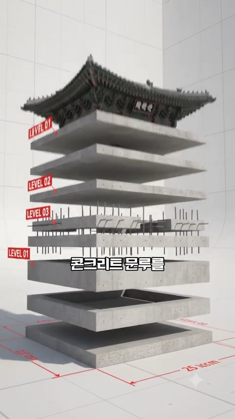광화문의 모습을 층별로 분해하여 보여주는 3D 그래픽으로, 하단에는 철근이 튀어나온 콘크리트 구조가, 상단에는 기와지붕이 배치되어 있으며 'LEVEL 01', 'LEVEL 02', 'LEVEL 03'이라는 라벨이 붙어 있습니다.