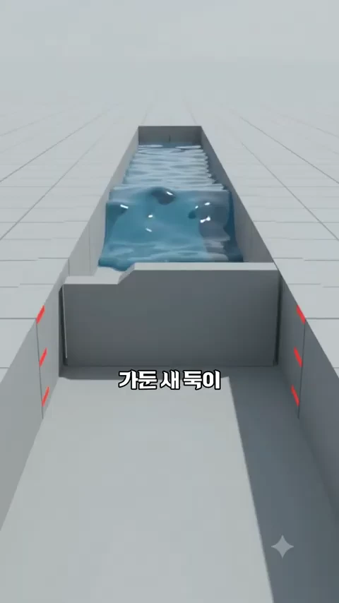 물길이 막혀 수위가 높아진 모습을 보여주는 3D 그래픽 모델링 영상의 한 장면입니다. 가둔 새 둑이라는 자막이 중앙 하단에 배치되어 있습니다.