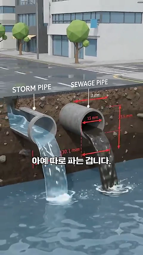 빗물과 오수를 분리하여 배출하는 지하 하수관 구조를 나타낸 3D 그래픽 이미지