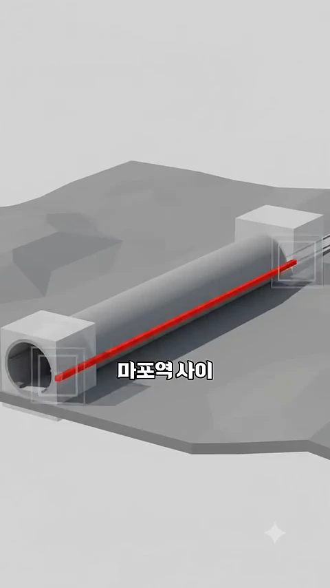 지하철 터널 구조를 보여주는 3D 그래픽 모델. 회색 원통형 터널이 양쪽의 직사각형 구조물에 연결되어 있으며, 터널을 가로지르는 빨간 선과 '마포역사이'라는 한글 자막이 화면 중앙에 배치되어 있습니다.