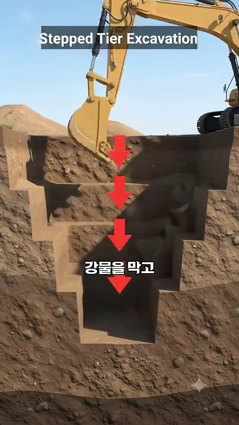 노란색 굴착기가 계단식으로 지면을 파내려가는 모습을 보여주는 3D 그래픽 영상, 화면 위쪽에는 'Stepped Tier Excavation'이라는 영문 문구가 있고 아래쪽에는 빨간색 아래 방향 화살표와 함께 '강물을 막고'라는 한글 자막이 적혀 있습니다.