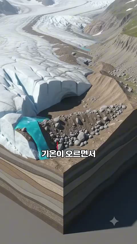 빙하가 퇴적물을 밀어내고 형성된 호수의 단면을 보여주는 3D 그래픽 모델. 얼음 끝부분에 푸른 녹은 물이 고여 있고, 기온이 오르면 얼음이 녹아 물이 불어나는 상황을 설명하는 한글 자막이 화면 중앙에 배치되어 있다.