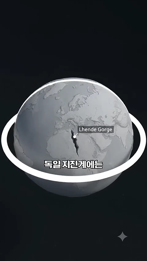 지구본 그래픽 위로 'Lhende Gorge'라는 지명과 독일어 텍스트가 표시된 화면