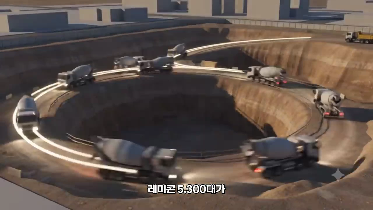 깊게 파인 건설 현장의 원형 흙 구덩이를 따라 레미콘 차량 여러 대가 줄지어 이동하는 모습의 그래픽 이미지