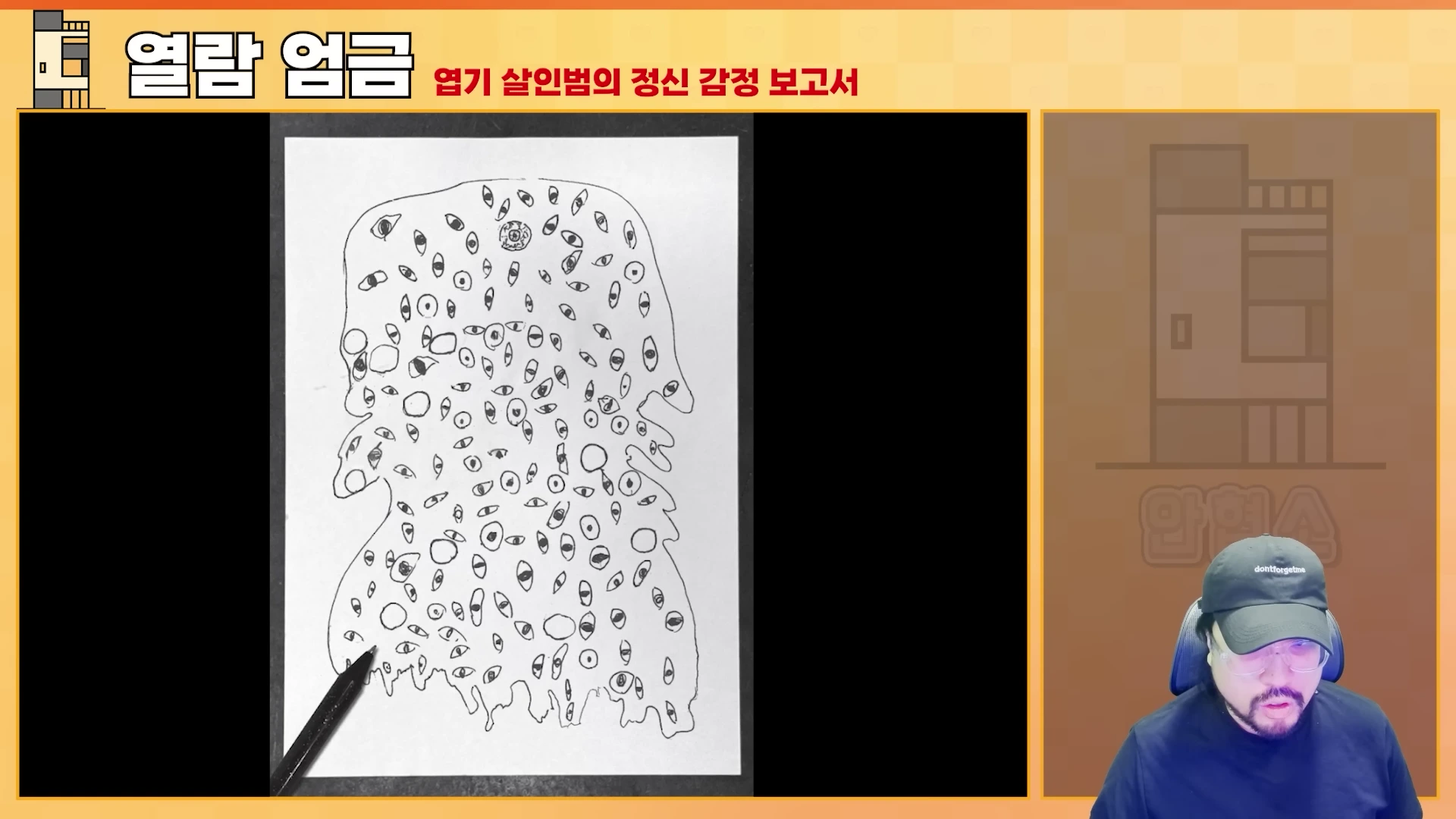 화면 중앙에는 수많은 눈이 그려진 기괴한 형태의 그림이 보이고, 오른쪽 하단에는 모자를 쓴 남성이 등장하는 영상 화면.