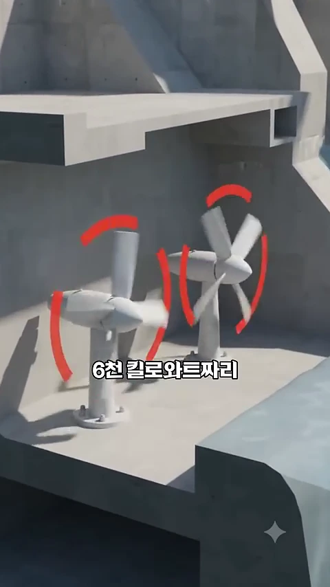 콘크리트 구조물 안에 설치된 두 개의 회전하는 발전기 모형과 '6천 킬로와트짜리'라는 문구가 적힌 3D 그래픽 영상.