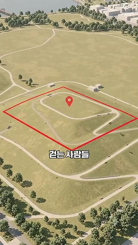조감도 스타일의 지도로, 언덕 주위로 산책로가 조성된 생태 공원의 모습이 보이며 중앙에는 붉은색 위치 표시 아이콘과 '걷는 사람들'이라는 문구가 적혀 있다.