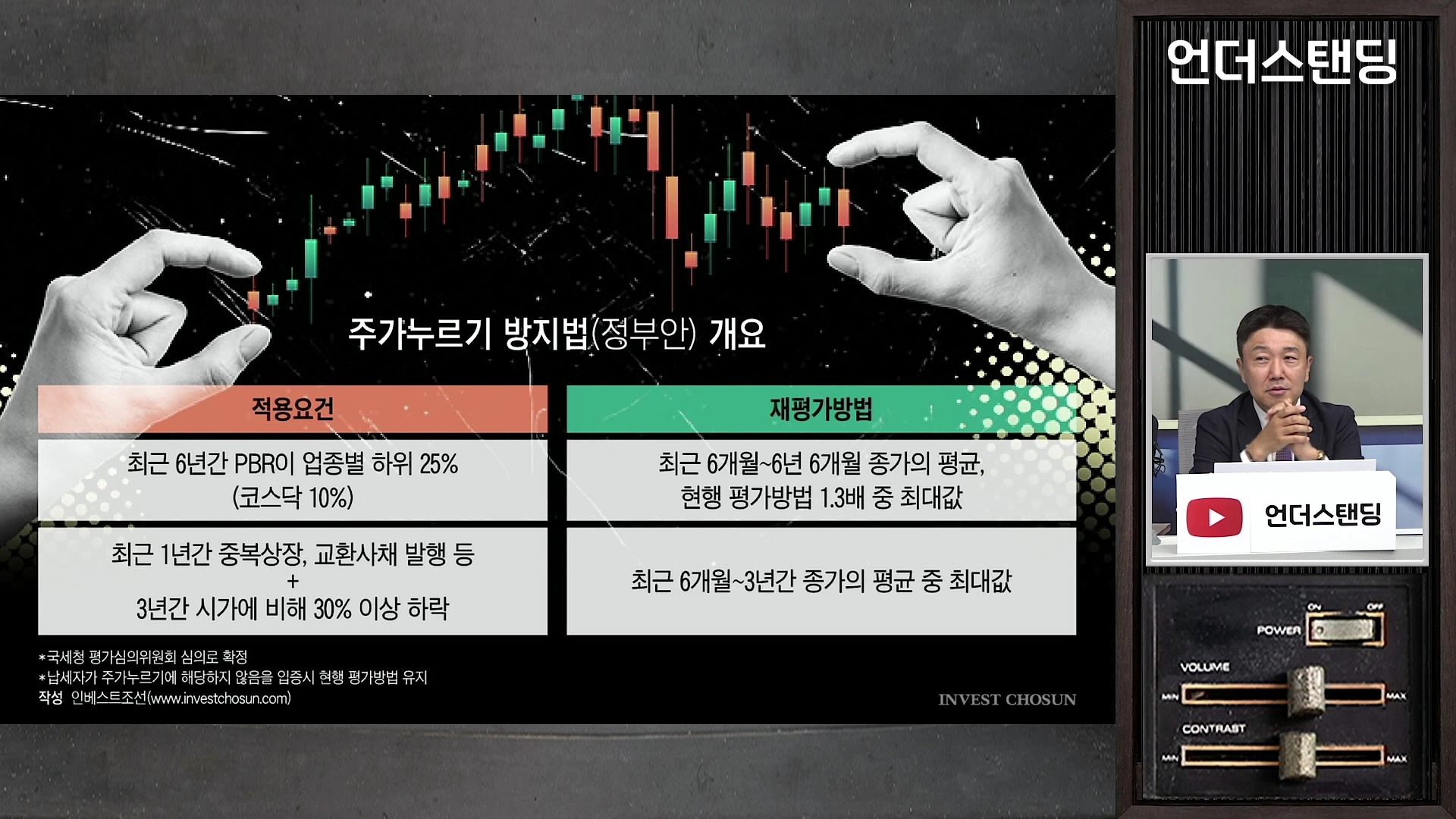 주가누르기 방지법 정부안의 적용요건과 재평가방법이 정리된 화면 옆으로 인터뷰하는 남성의 모습이 담긴 뉴스 영상 화면이다.