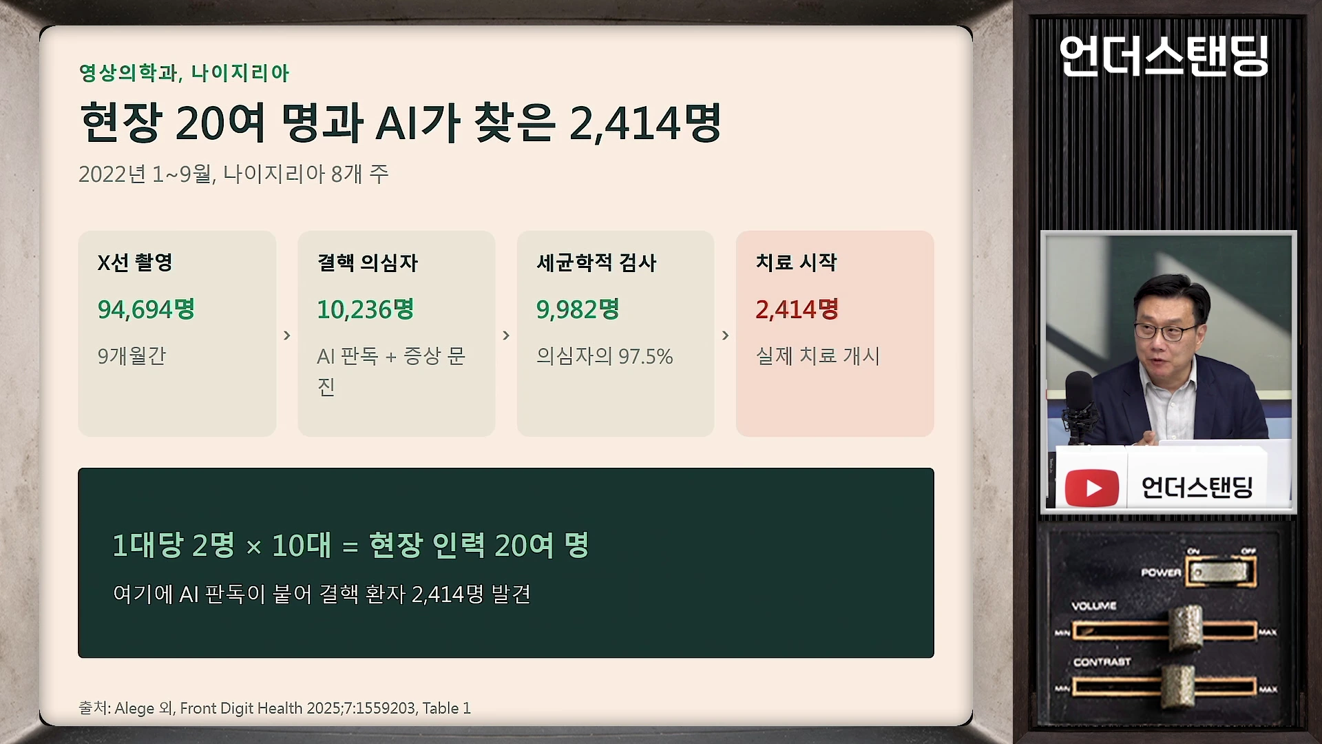 오른쪽에는 남성 출연자가 인터뷰하는 모습이, 왼쪽 화면에는 나이지리아 결핵 진단 과정과 인원수를 나타내는 도표가 표시된 영상 화면.
